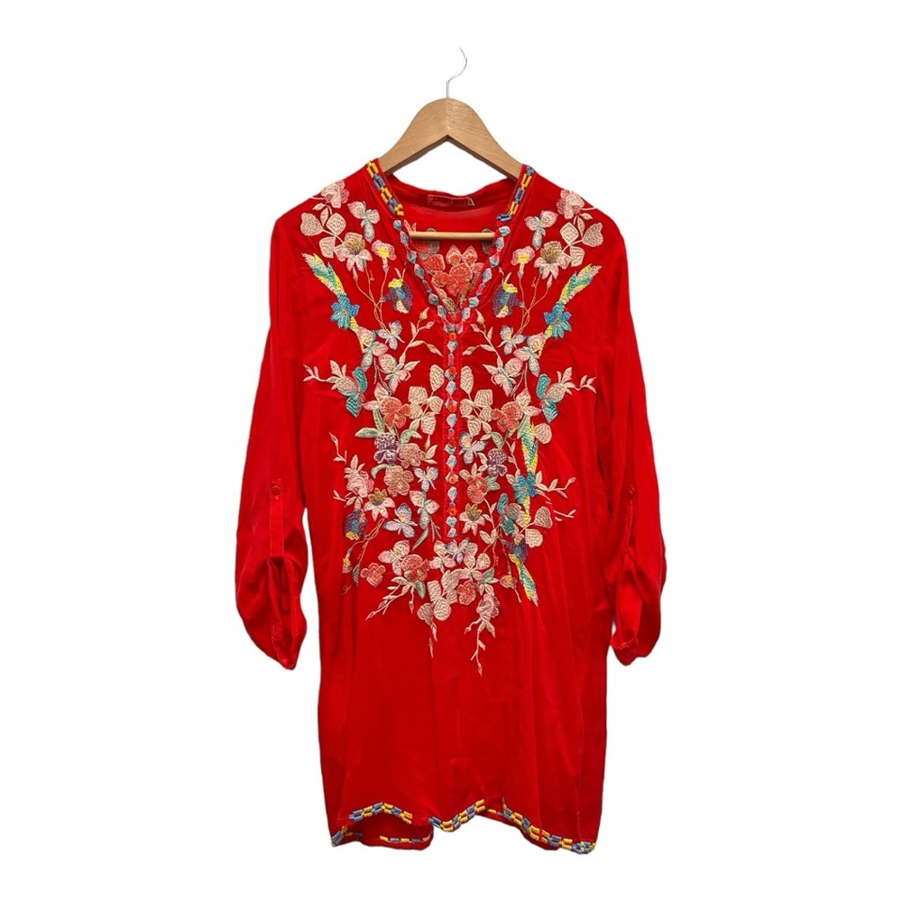 Johnny Was Embroidered Red Floral Tunic Top Size M Silky Rayon